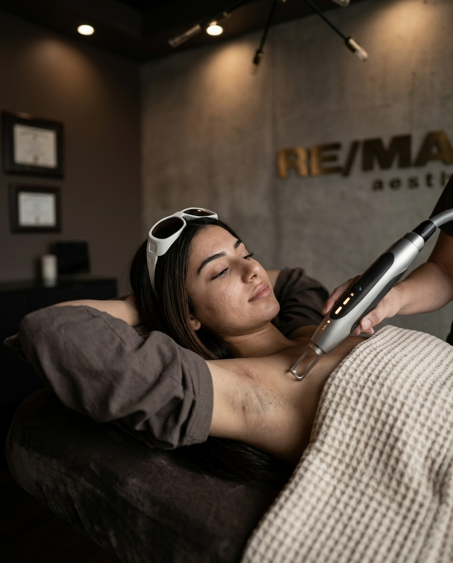 Laser hair removal session at RE/MADE Esthetics using Quanta EVO